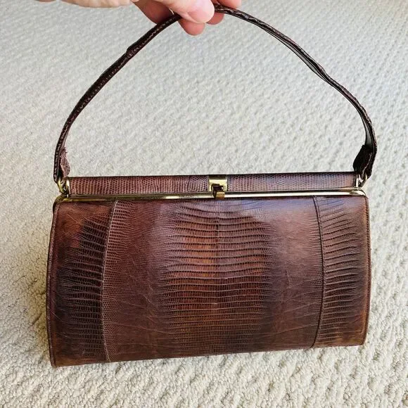 VTG Lizard Snake Alligator Skin Purse Caramel Brown Textured Leather Pocketbook